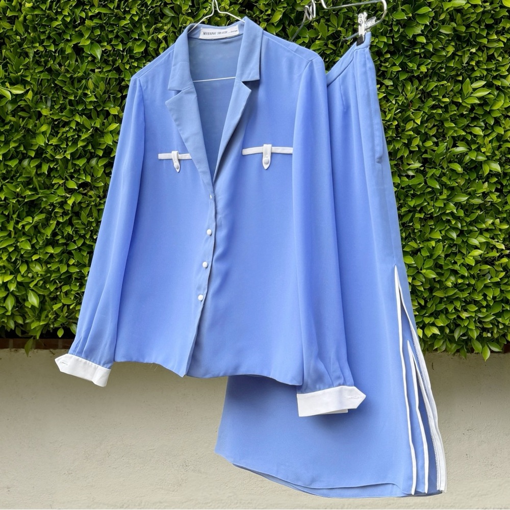 Vintage 70s Manning Silver Blue White Trim Retro Long Sleeve Business Skirt Set